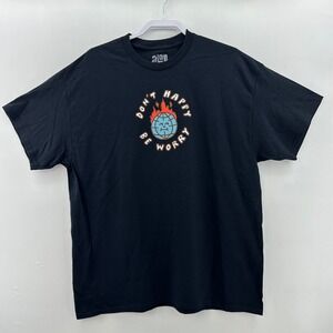 A-Lab Don't Happy Be Worry Graphic Tee Black XL NWOT Funny Earth‎ Flame Shirt